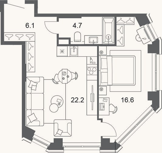 Планировка: 2-к, 49,6 м²