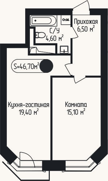 Планировка: 1-к, 46,7 м²