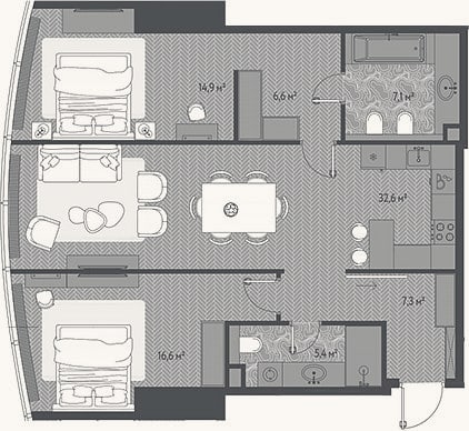Планировка: 3-к, 90,5 м²