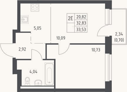 Планировка: 2-к, 32,8 м²