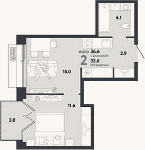 Планировка: 2-к, 33,6 м²