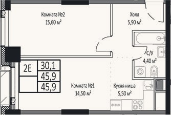 Планировка: 2-к, 45,9 м²