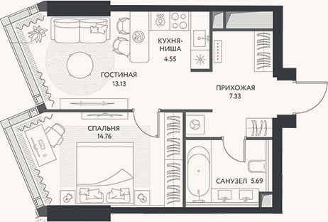 Планировка: 2-к, 45,5 м²