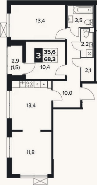 Планировка: 3-к, 66,8 м²