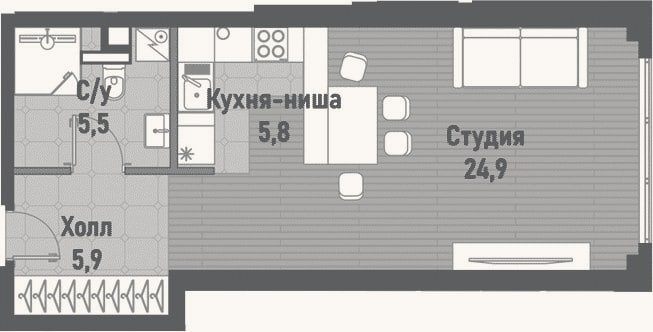 Планировка: Студия, 42,1 м²