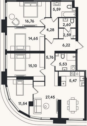 Планировка: 4+ к, 123,5 м²