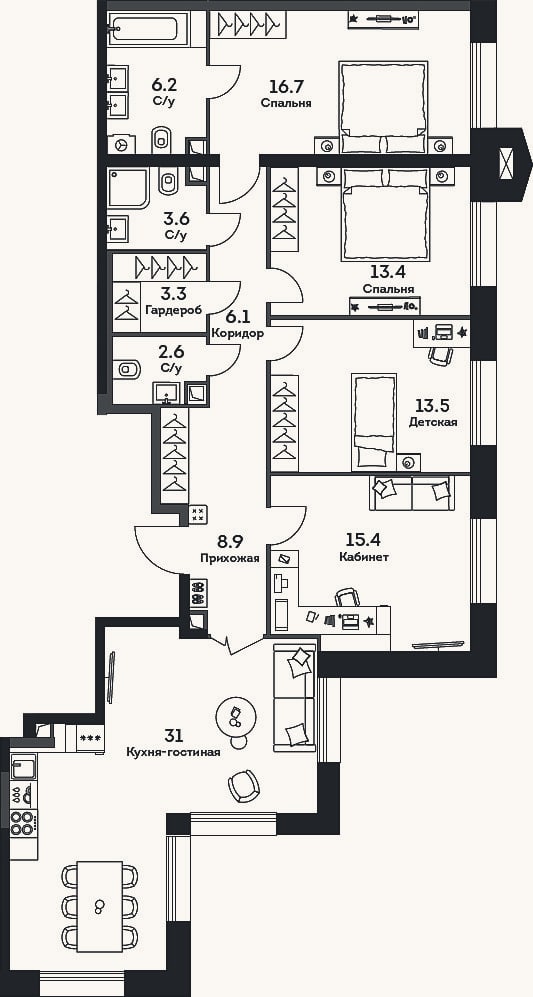 Планировка: 4+ к, 120,7 м²