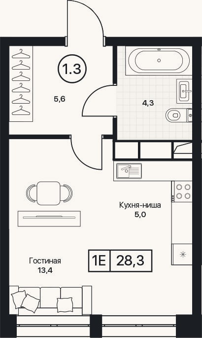 Планировка: Студия, 28,3 м²