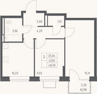 Планировка: 2-к, 47,8 м²
