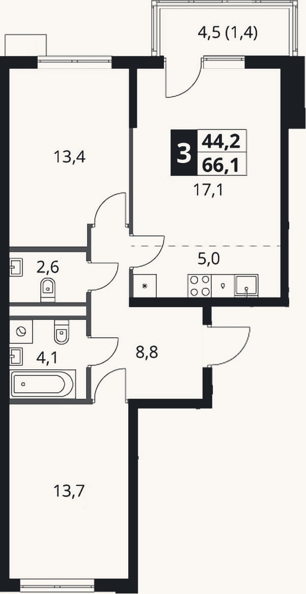 Планировка: 3-к, 65,7 м²