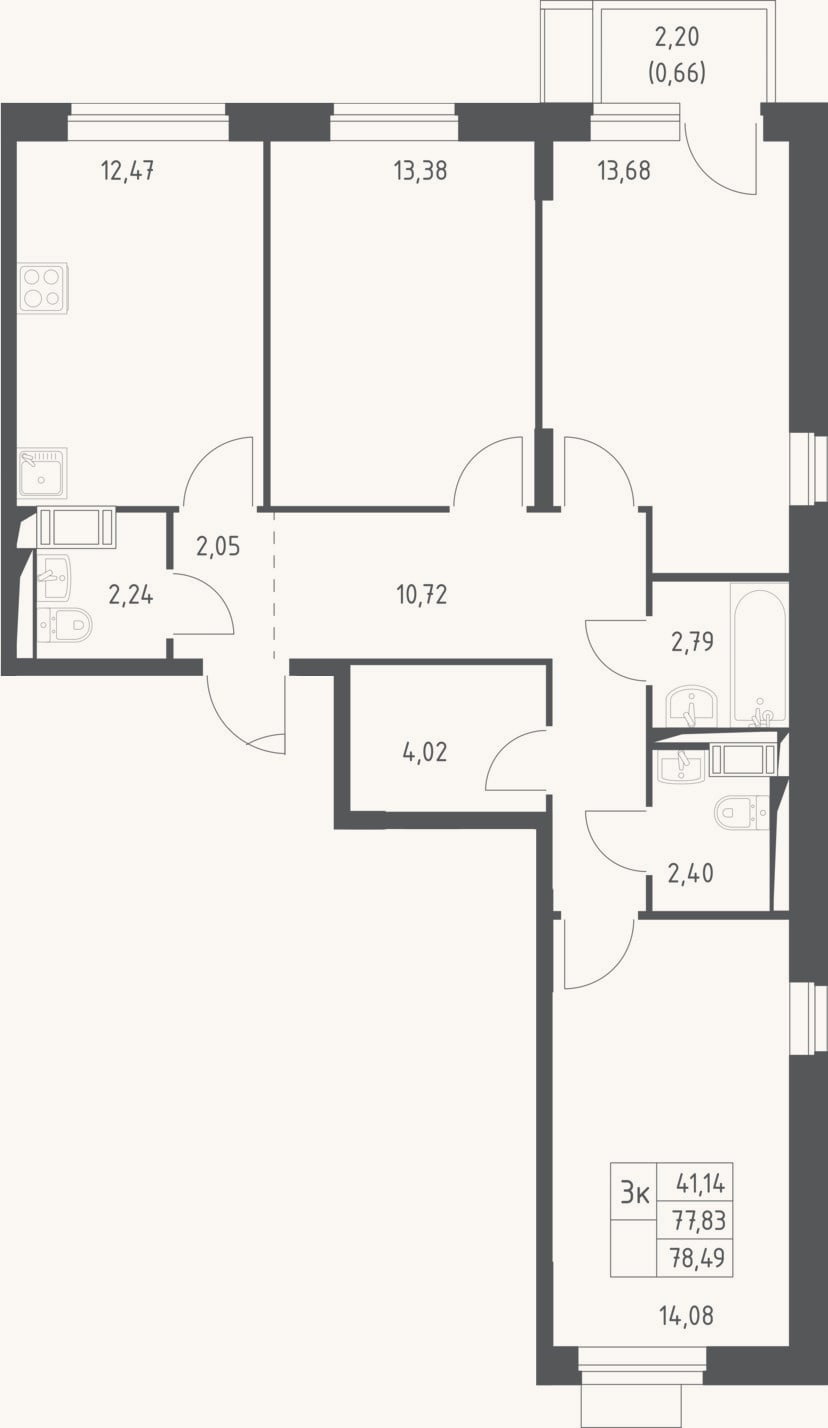 Планировка: 3-к, 77,8 м²
