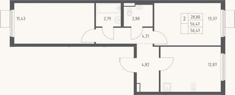 Планировка: 2-к, 56,5 м²