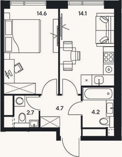 Планировка: 1-к, 40,3 м²