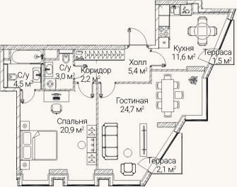 Планировка: 2-к, 69,6 м²