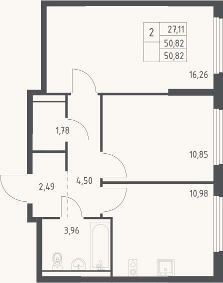 Планировка: 2-к, 50,8 м²