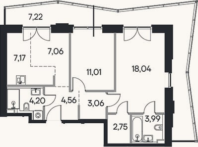 Планировка: 3-к, 63,6 м²
