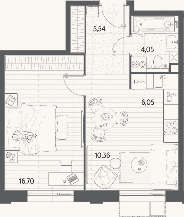 Планировка: 2-к, 42,7 м²