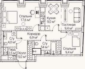 Планировка: 3-к, 69,2 м²