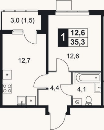 Планировка: 1-к, 33,8 м²