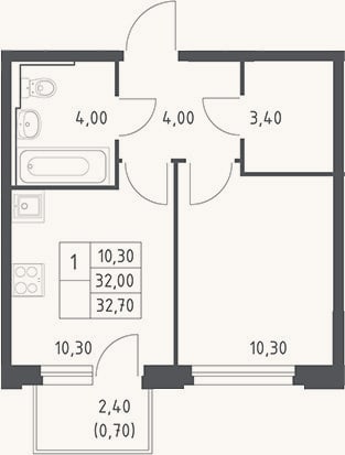 Планировка: 1-к, 32 м²