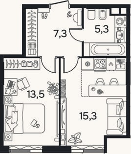 Планировка: 1-к, 41,3 м²