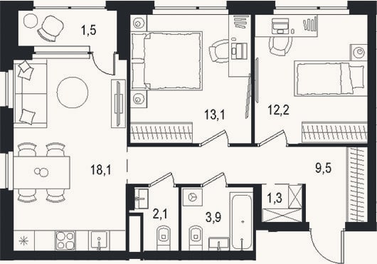 Планировка: 3-к, 60,2 м²