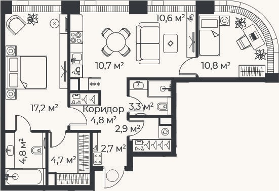 Планировка: 3-к, 72,4 м²