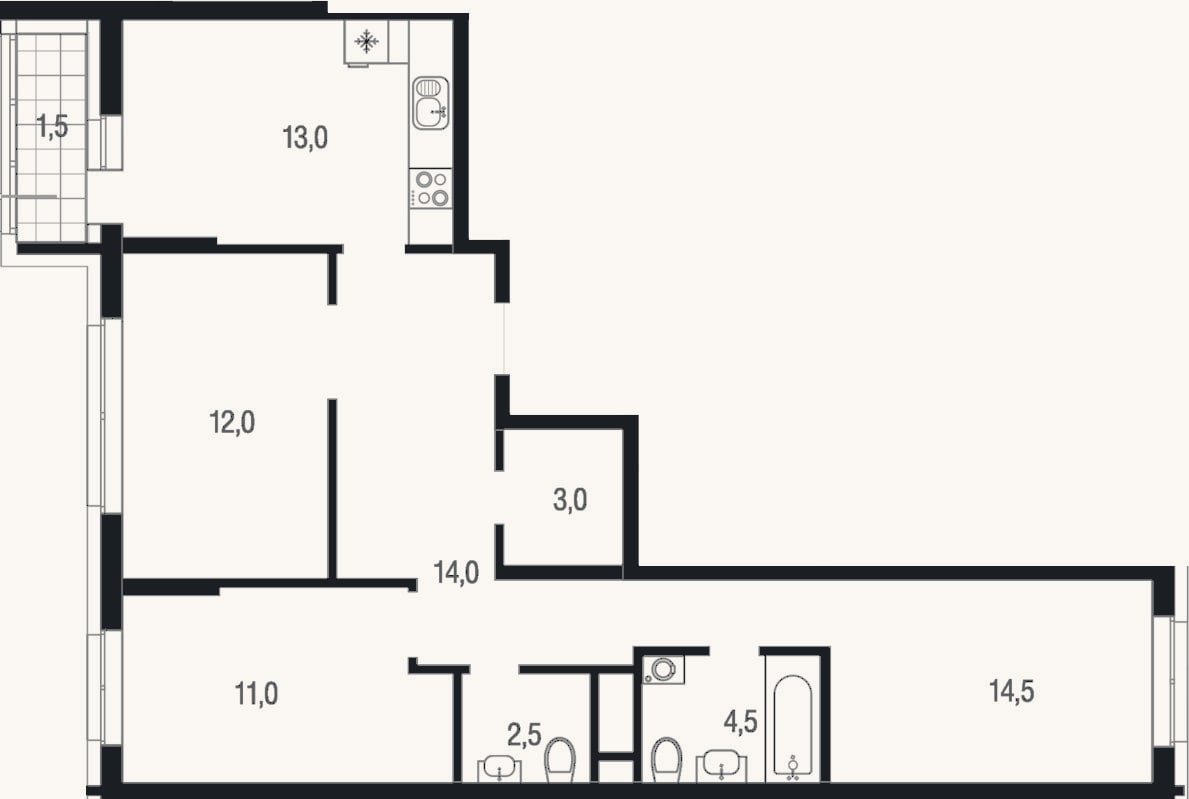 Планировка: 3-к, 74,5 м²