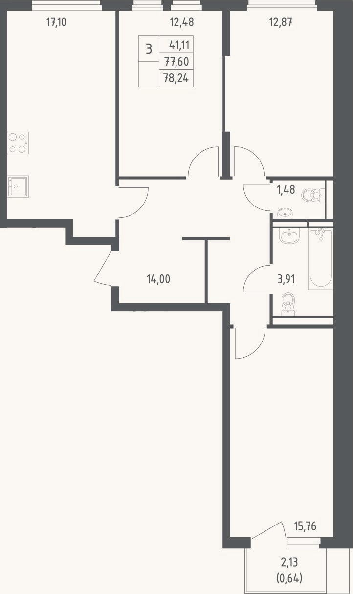 Планировка: 3-к, 77,6 м²