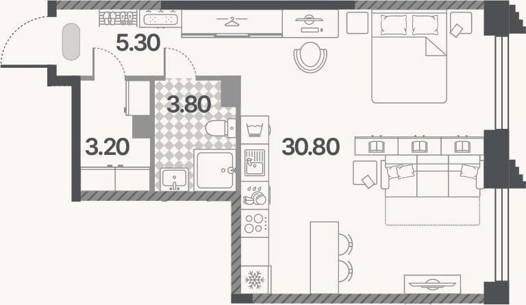 Планировка: Студия, 43,1 м²