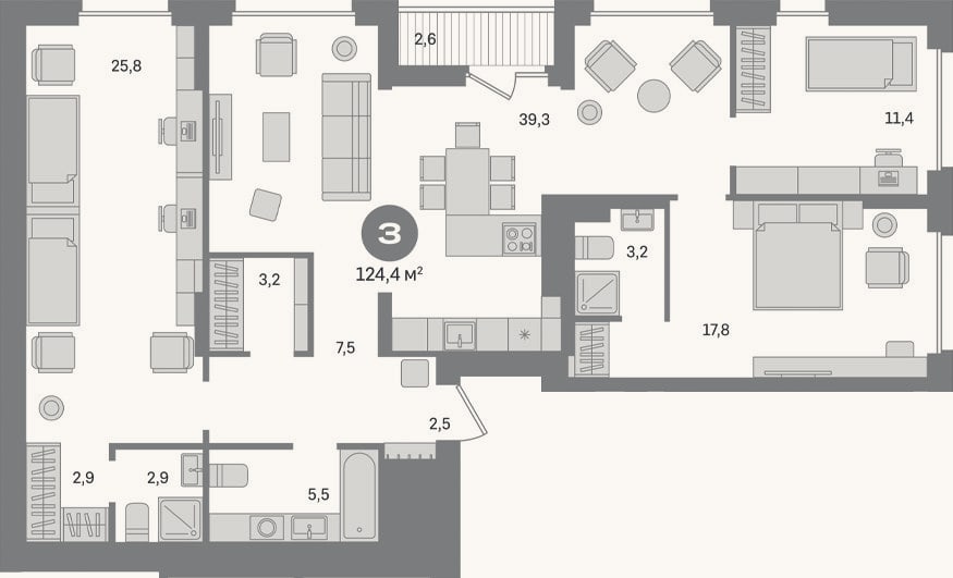 Планировка: 3-к, 121,8 м²