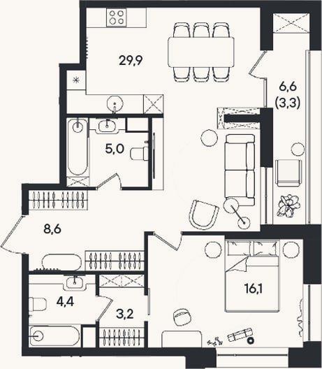 Планировка: 2-к, 67,2 м²