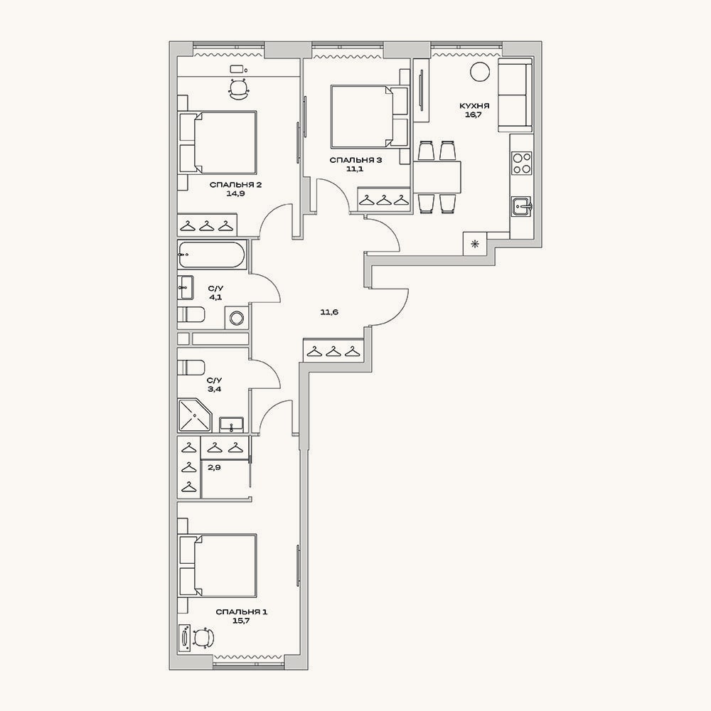 Планировка: 3-к, 80,4 м²