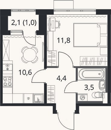 Планировка: 1-к, 30,3 м²