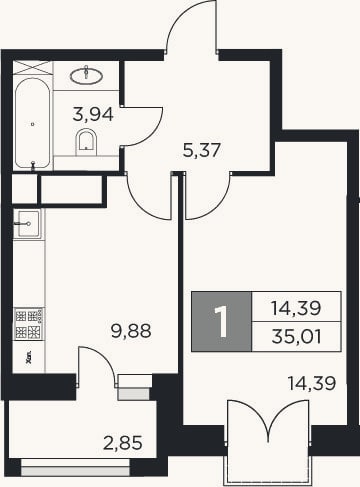 Планировка: 1-к, 33,6 м²