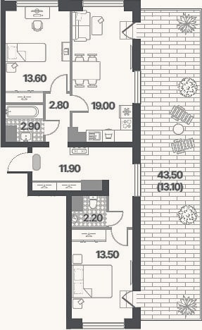 Планировка: 3-к, 65,9 м²