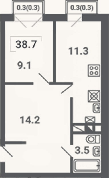 Планировка: 2-к, 38,1 м²