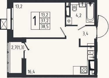 Планировка: 1-к, 37,2 м²