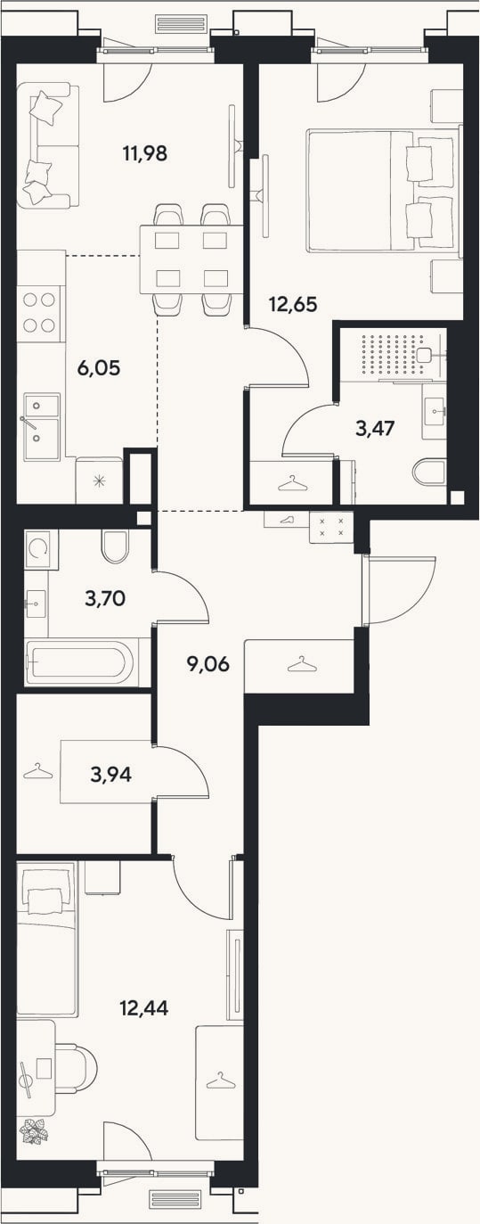 Планировка: 3-к, 63,3 м²