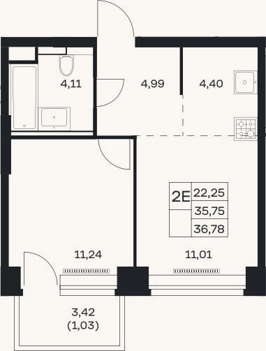 Планировка: 2-к, 35,8 м²