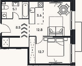 Планировка: 2-к, 42,7 м²