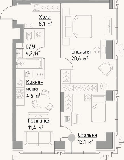 Планировка: 3-к, 61 м²