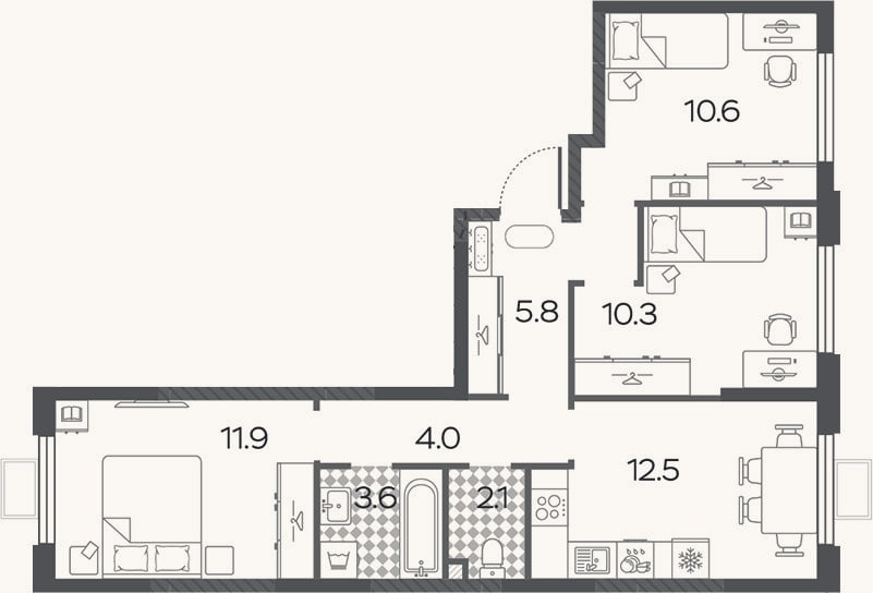 Планировка: 3-к, 60,8 м²