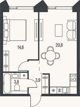 Планировка: 2-к, 43,1 м²