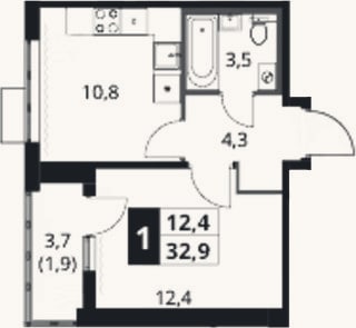 Планировка: 1-к, 31 м²