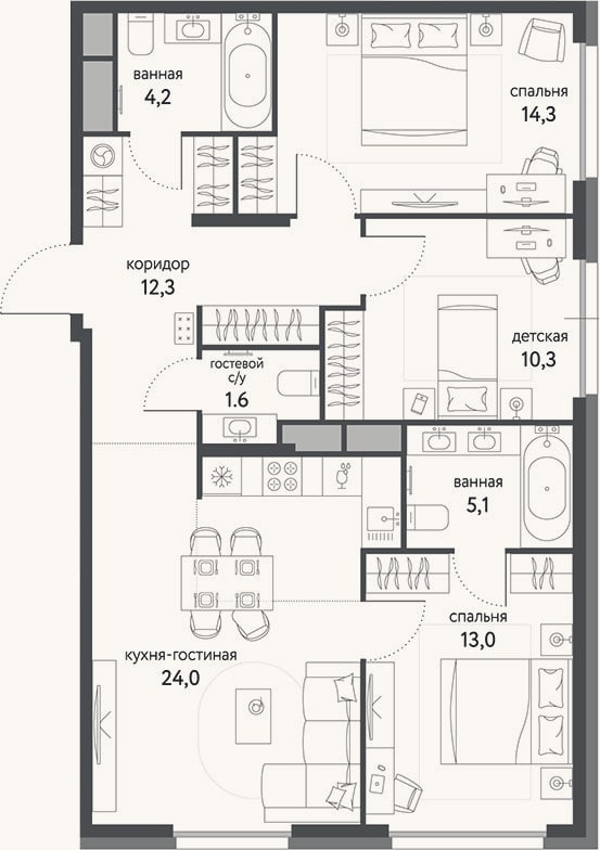 Планировка: 4+ к, 84,8 м²