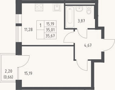 Планировка: 1-к, 35 м²