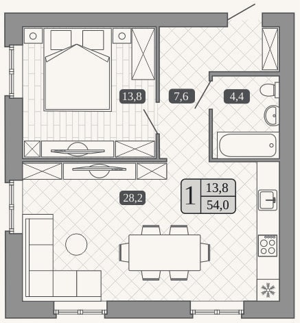 Планировка: 2-к, 54 м²