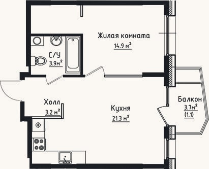 Планировка: 1-к, 43,3 м²