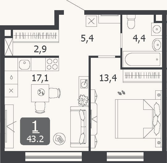 Планировка: 2-к, 43,2 м²